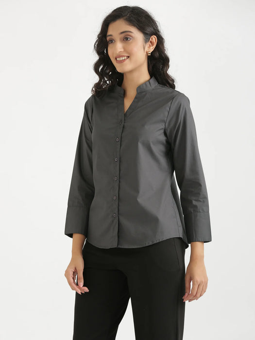 Women Dark Grey Better Cotton Mandarin Collar Shirt