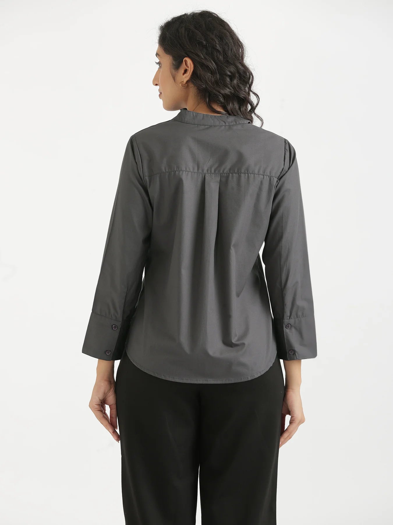 Women Dark Grey Better Cotton Mandarin Collar Shirt