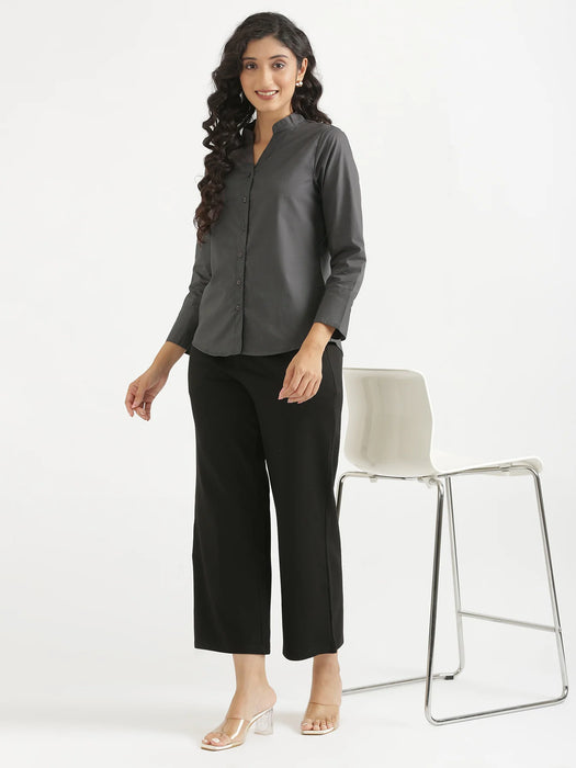 Women Dark Grey Better Cotton Mandarin Collar Shirt