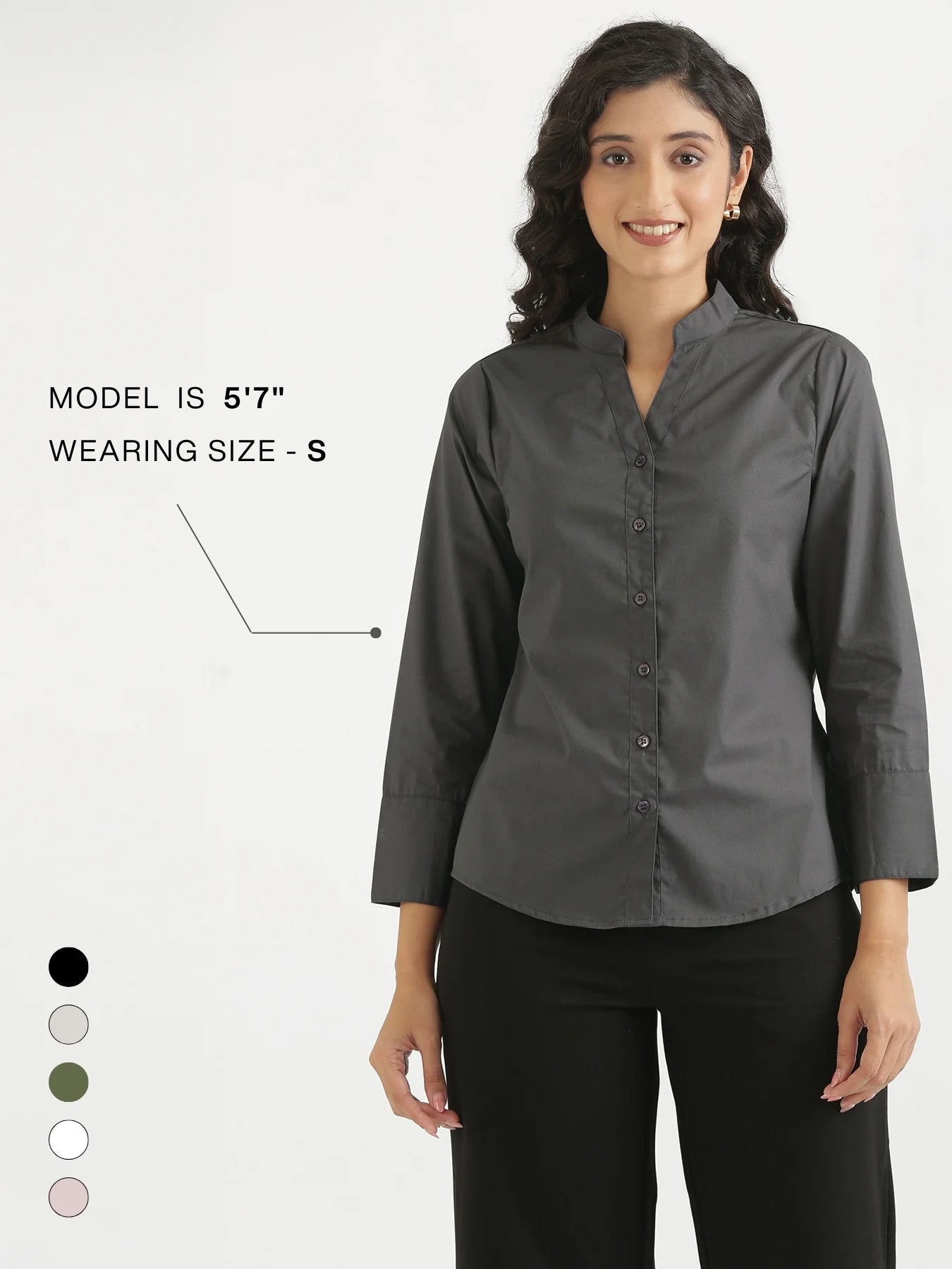 Women Dark Grey Better Cotton Mandarin Collar Shirt