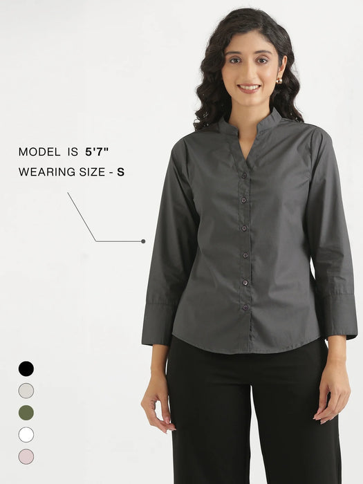 Women Dark Grey Better Cotton Mandarin Collar Shirt