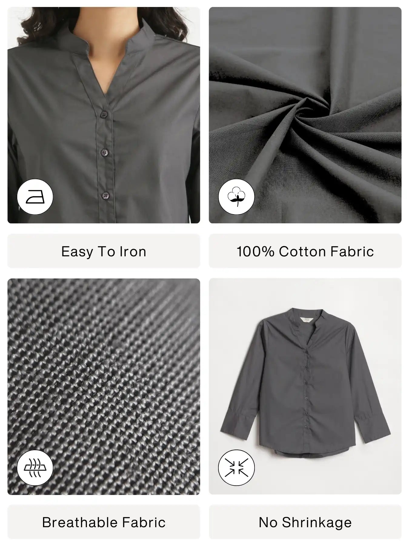 Women Dark Grey Better Cotton Mandarin Collar Shirt