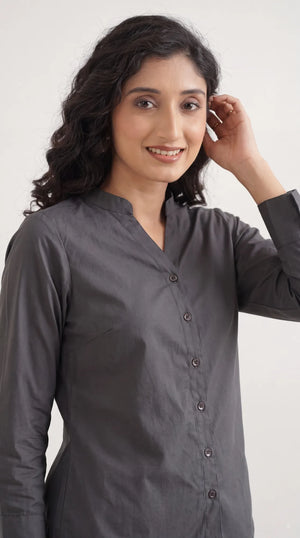 Women Dark Grey Better Cotton Mandarin Collar Shirt