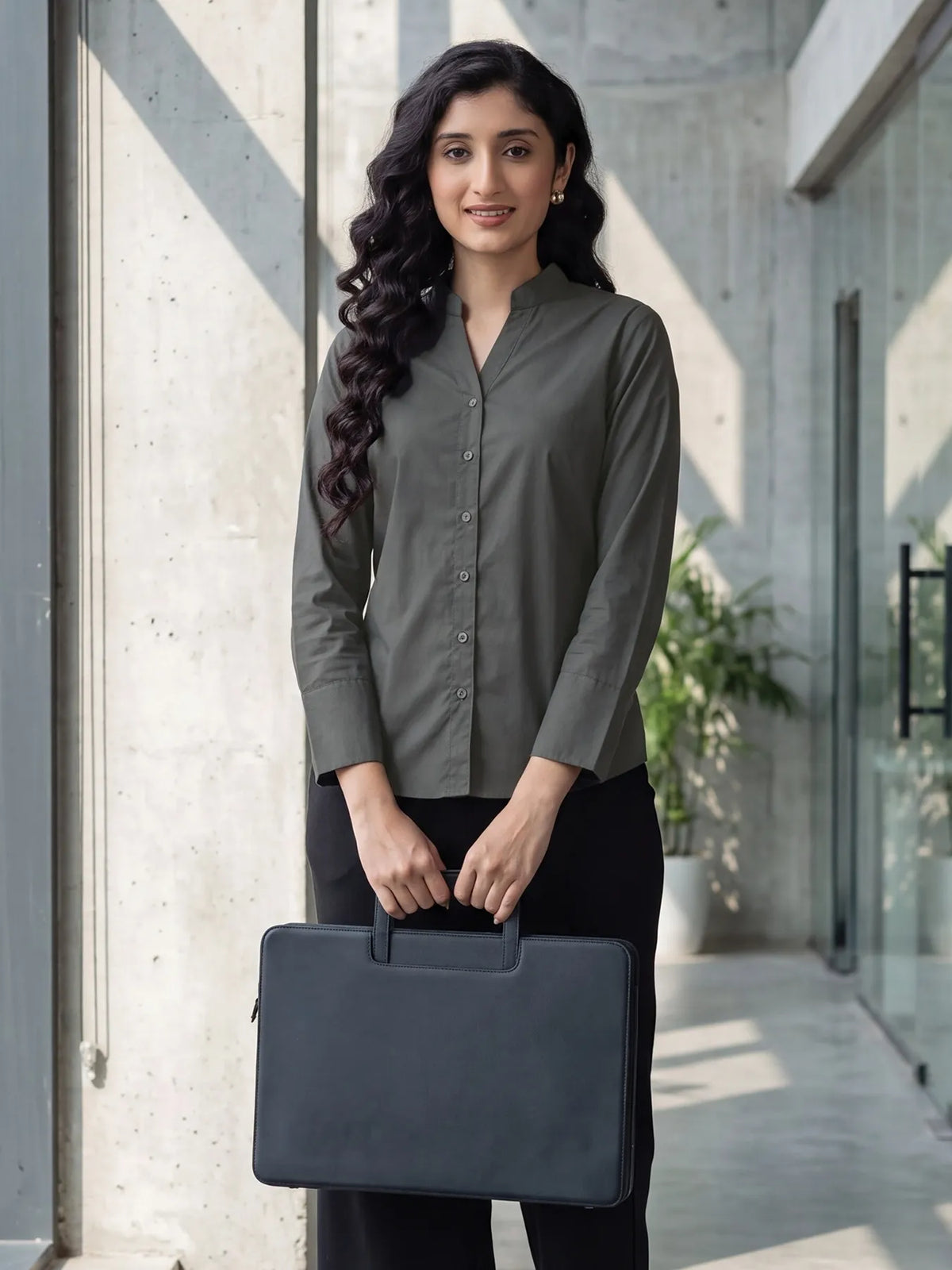 Women Dark Grey Better Cotton Mandarin Collar Shirt