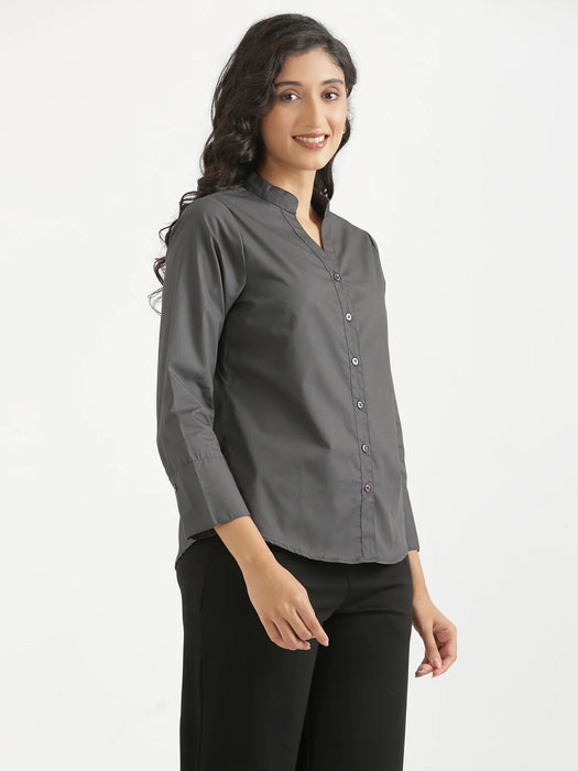 Women Dark Grey Better Cotton Mandarin Collar Shirt