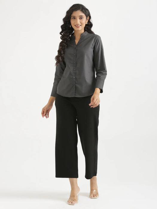 Women Dark Grey Better Cotton Mandarin Collar Shirt
