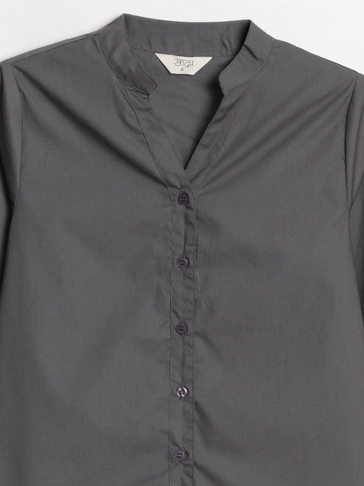 Women Dark Grey Better Cotton Mandarin Collar Shirt