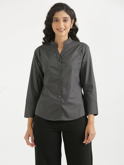 Women Dark Grey Better Cotton Mandarin Collar Shirt