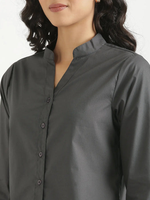 Women Dark Grey Better Cotton Mandarin Collar Shirt