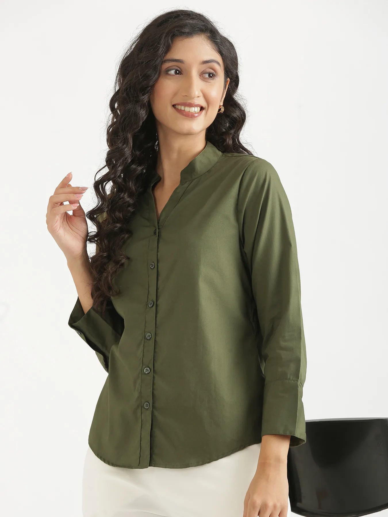 Women Forest Green Better Cotton Mandarin Collar Shirt