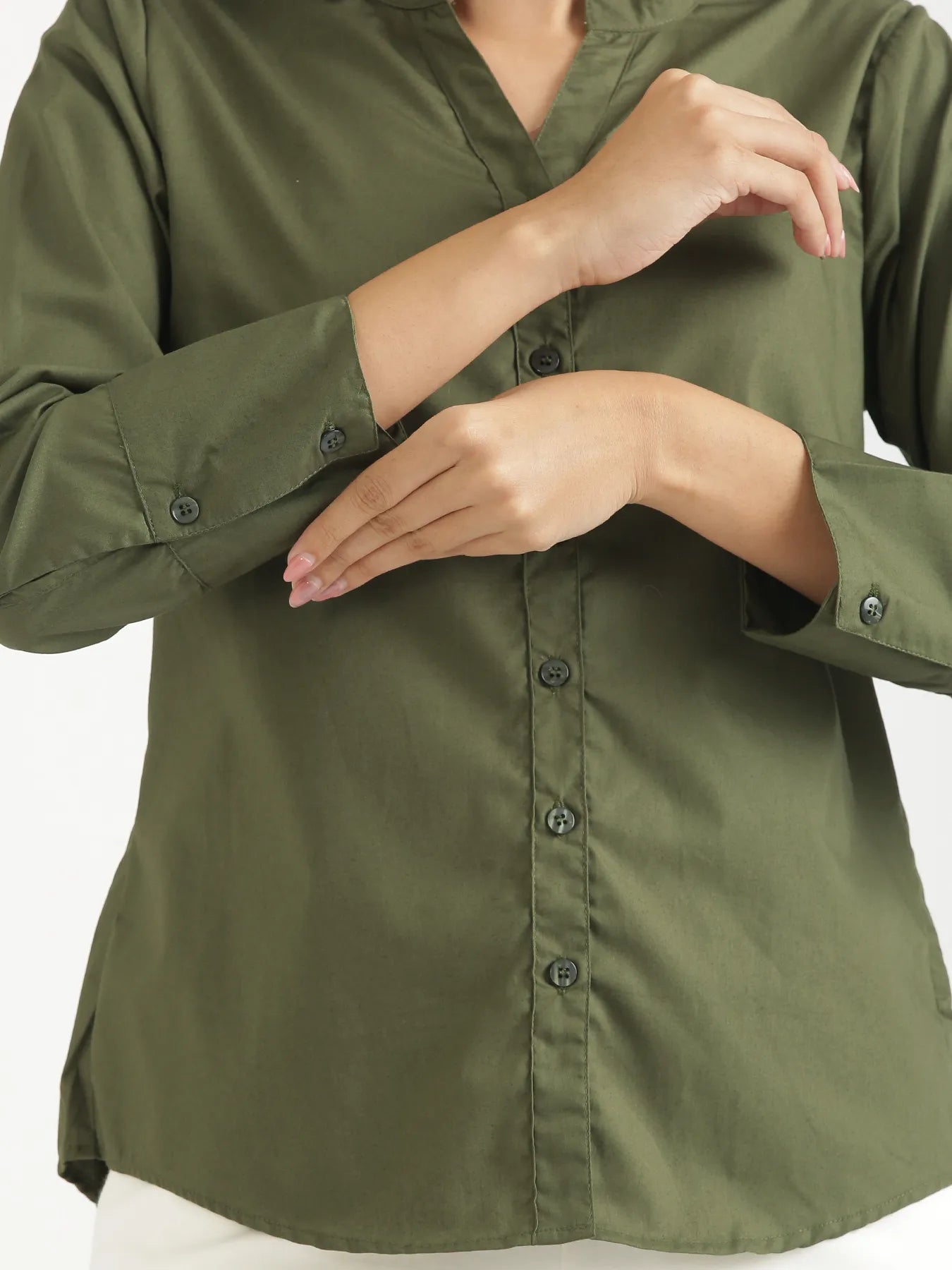 Women Forest Green Better Cotton Mandarin Collar Shirt
