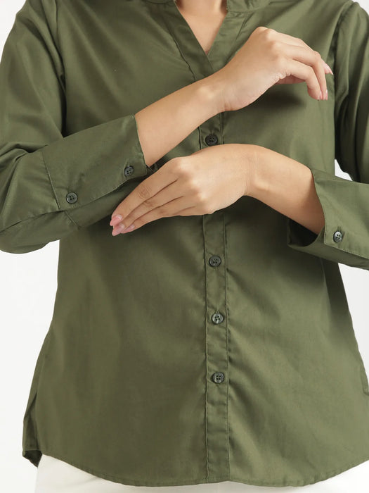 Women Forest Green Better Cotton Mandarin Collar Shirt