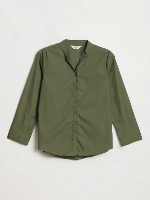 Women Forest Green Better Cotton Mandarin Collar Shirt