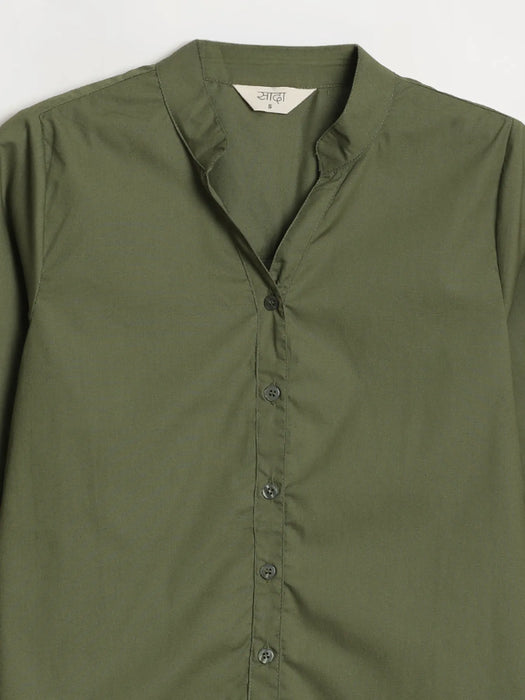 Women Forest Green Better Cotton Mandarin Collar Shirt