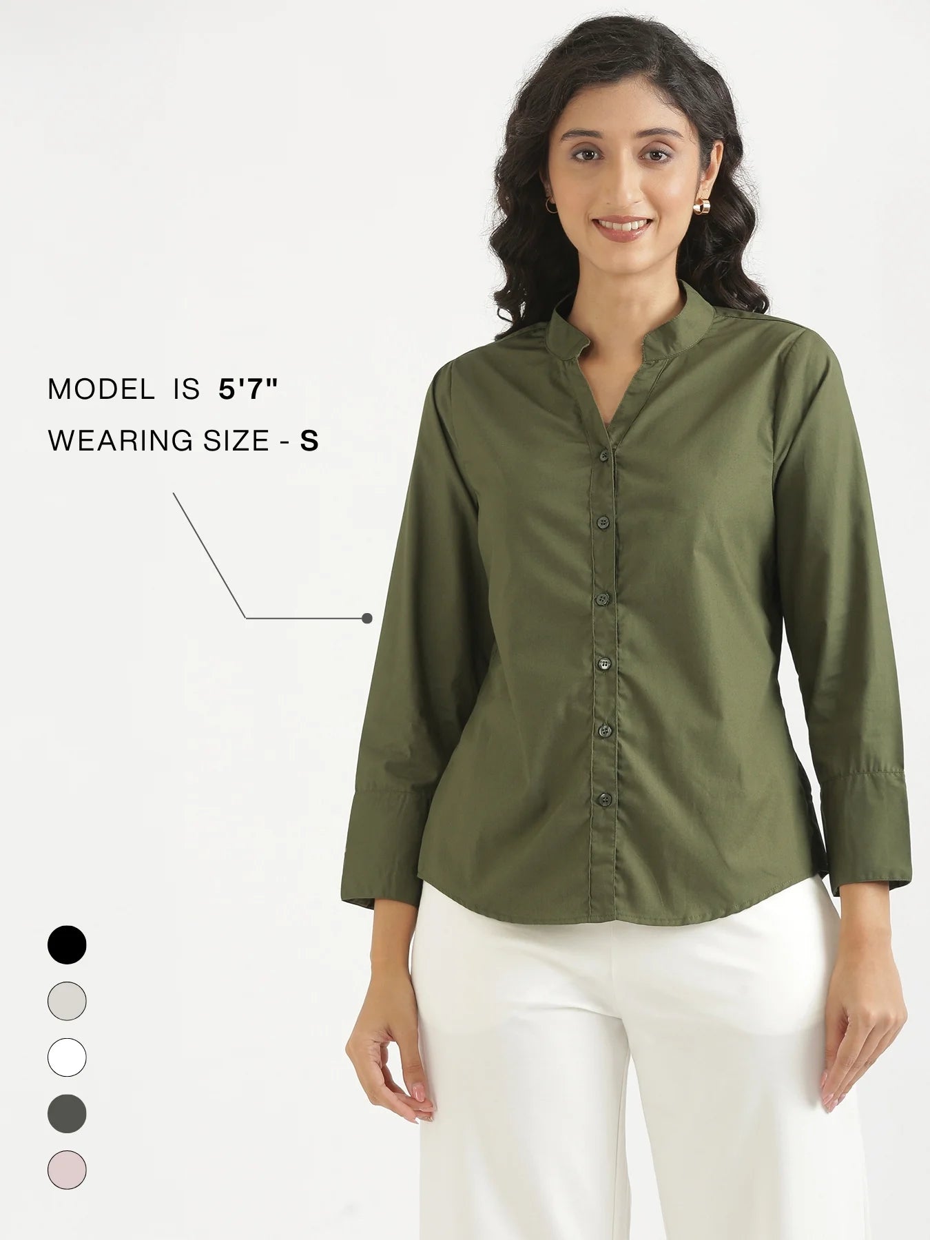 Women Forest Green Better Cotton Mandarin Collar Shirt