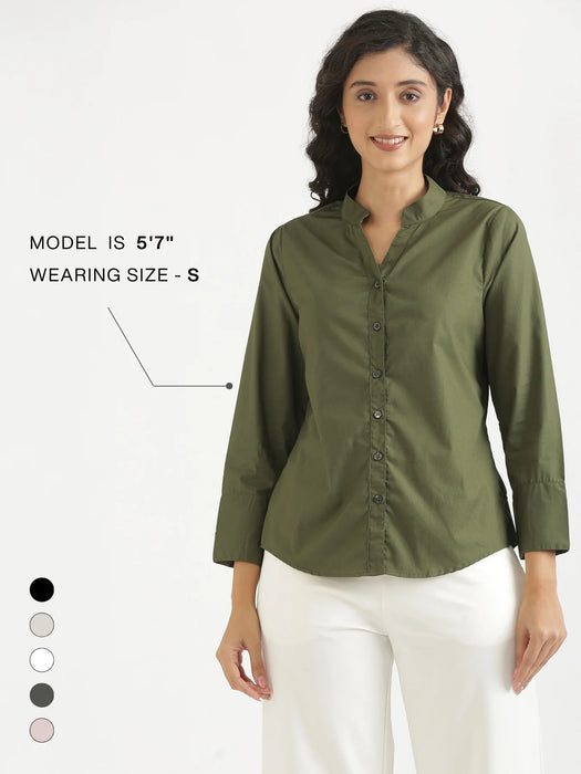 Women Forest Green Better Cotton Mandarin Collar Shirt