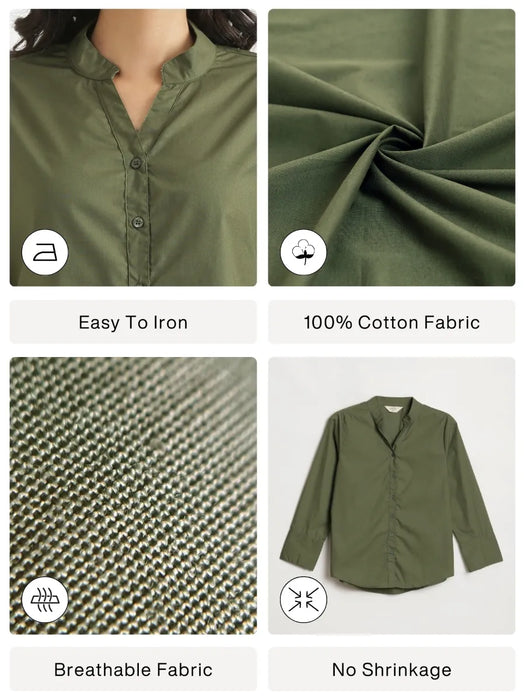 Women Forest Green Better Cotton Mandarin Collar Shirt