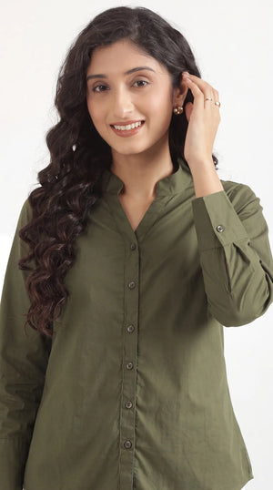 Women Forest Green Better Cotton Mandarin Collar Shirt