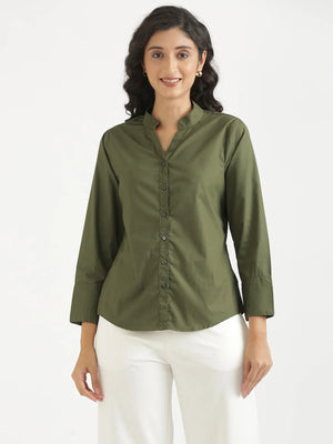 Women Forest Green Better Cotton Mandarin Collar Shirt