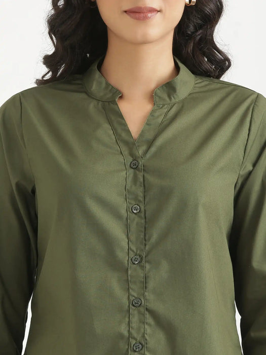 Women Forest Green Better Cotton Mandarin Collar Shirt