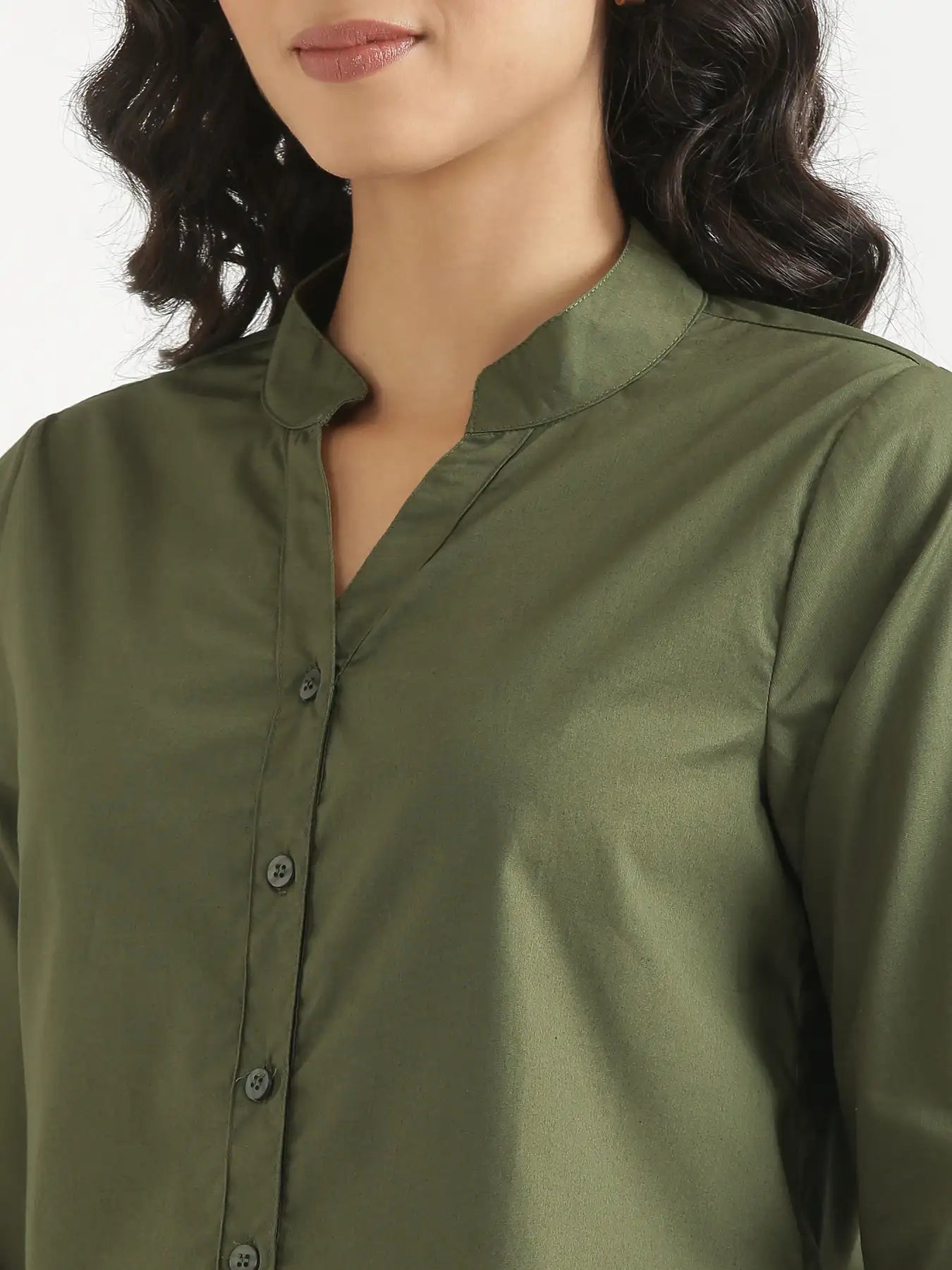Women Forest Green Better Cotton Mandarin Collar Shirt