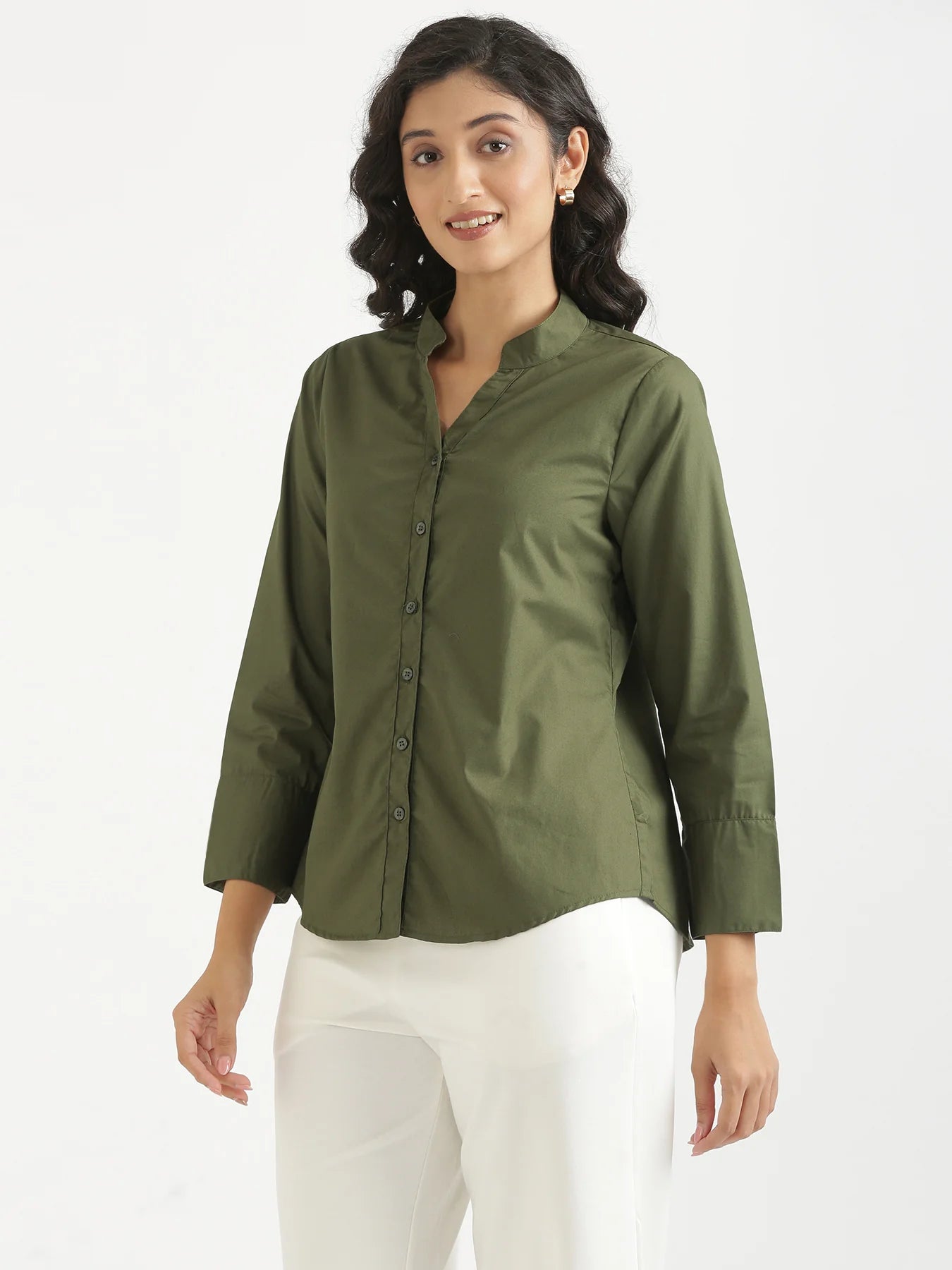 Women Forest Green Better Cotton Mandarin Collar Shirt