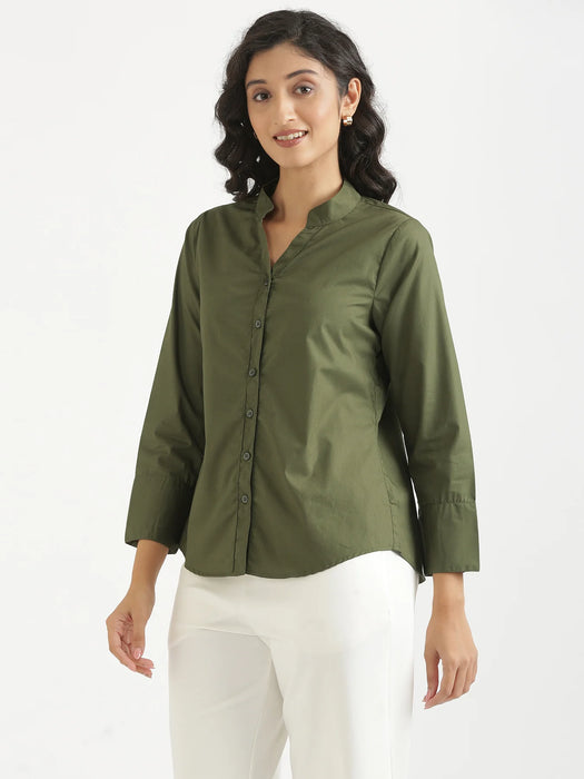 Women Forest Green Better Cotton Mandarin Collar Shirt
