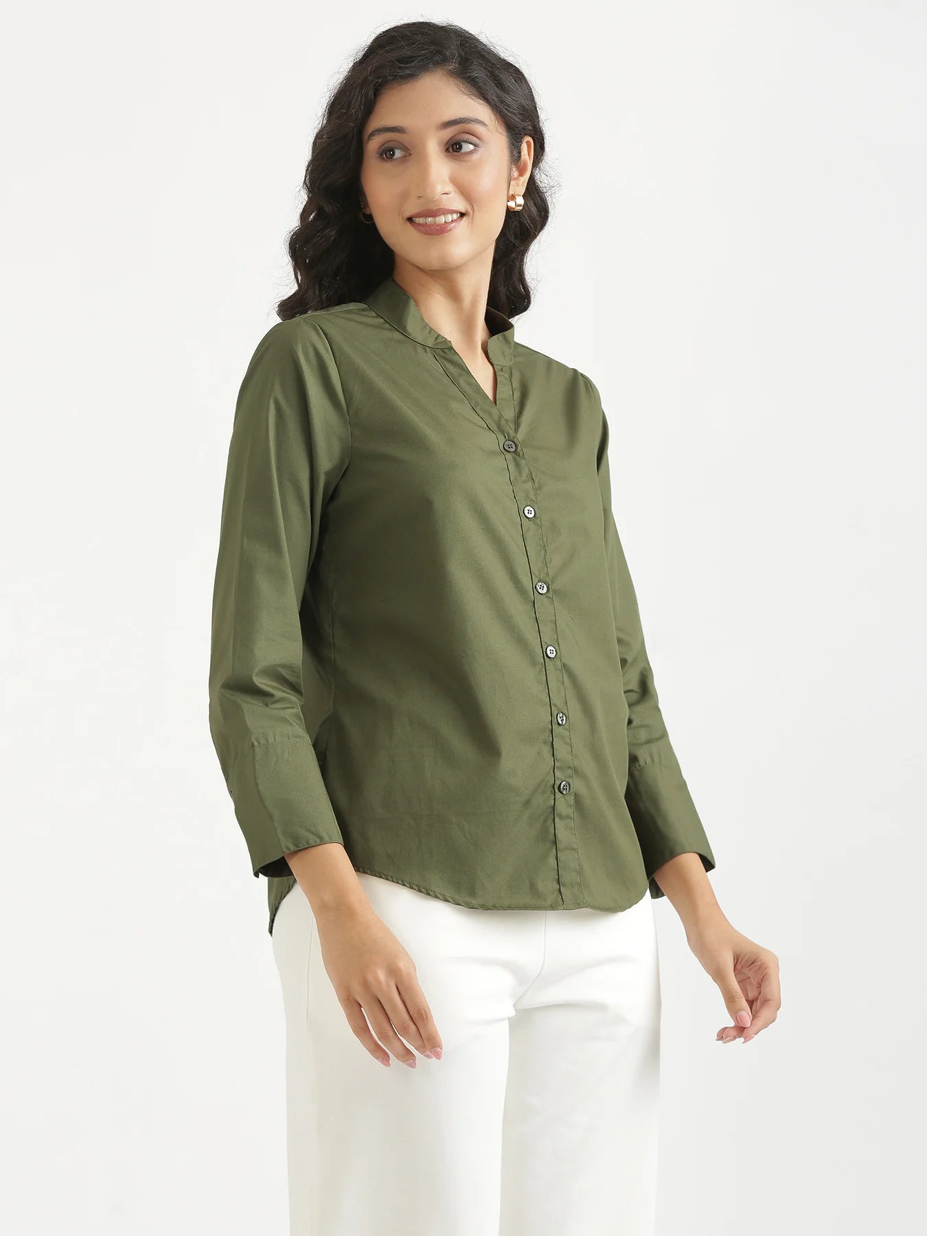 Women Forest Green Better Cotton Mandarin Collar Shirt