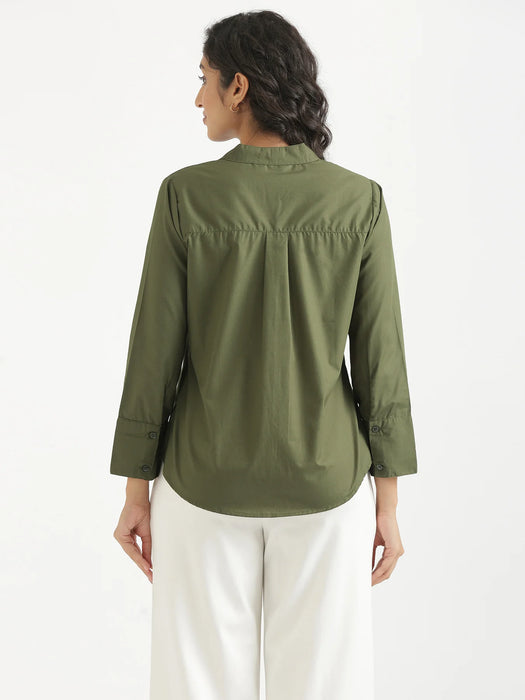 Women Forest Green Better Cotton Mandarin Collar Shirt