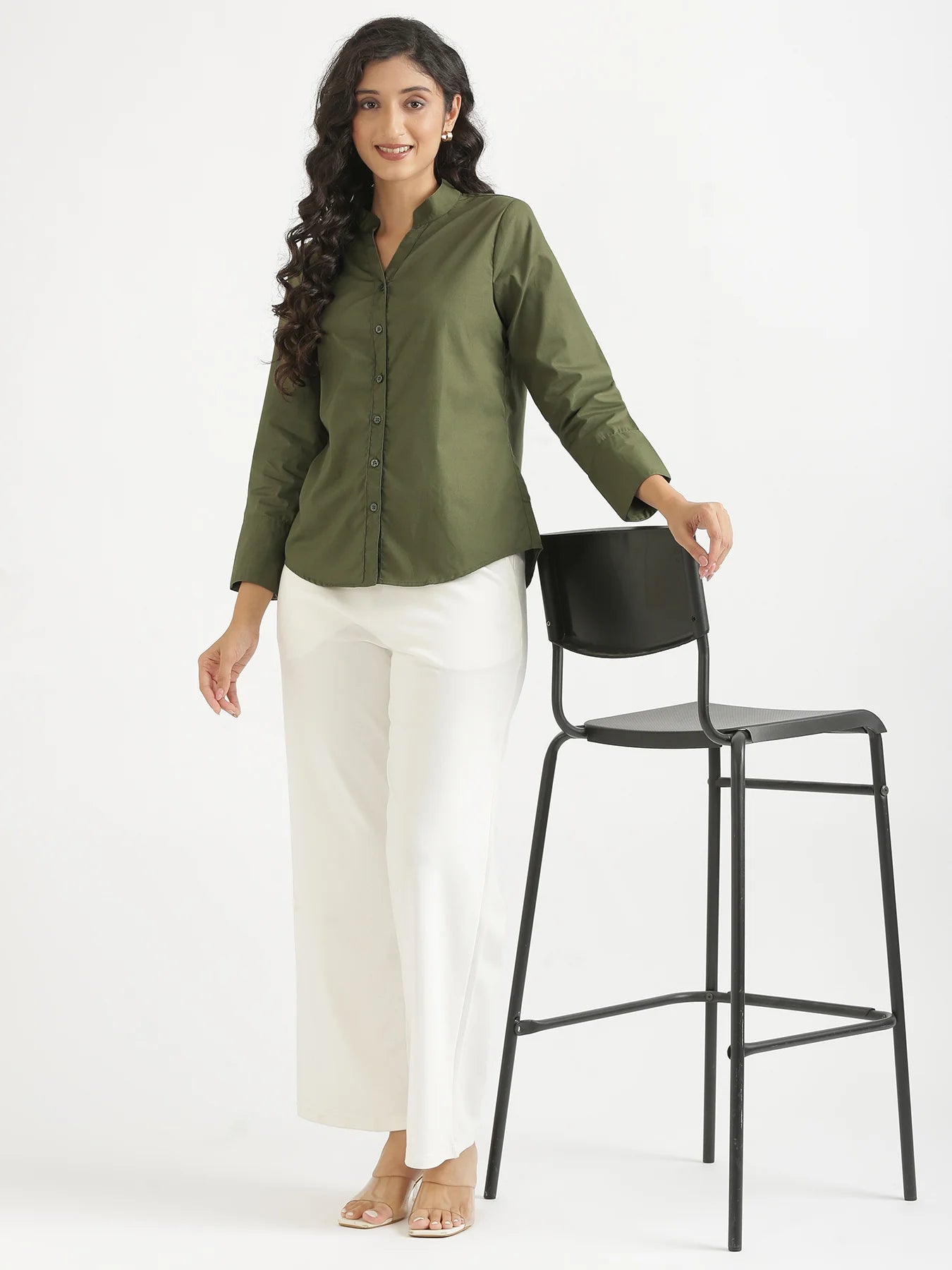 Women Forest Green Better Cotton Mandarin Collar Shirt