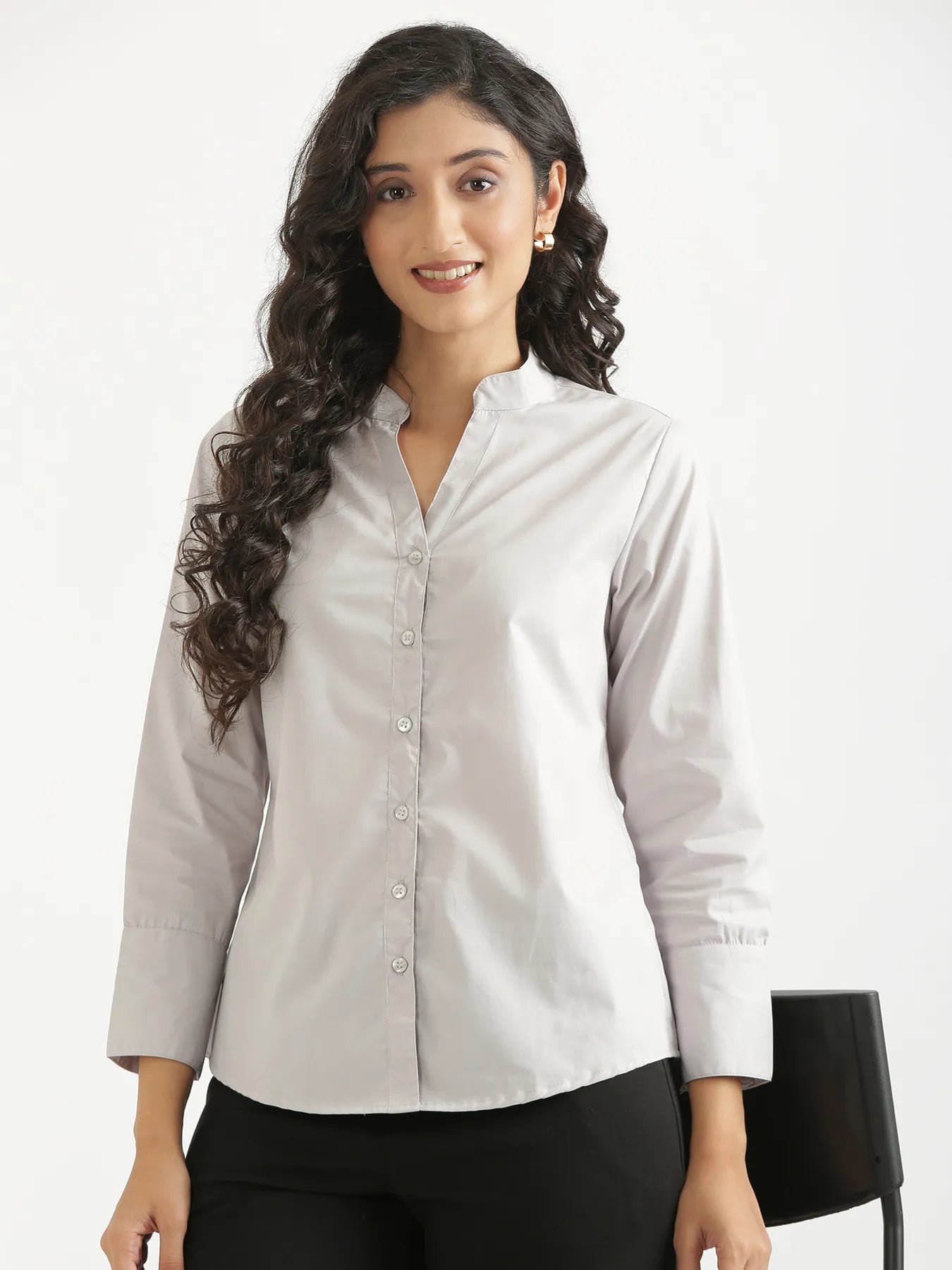 Women Grey Better Cotton Mandarin Collar Shirt