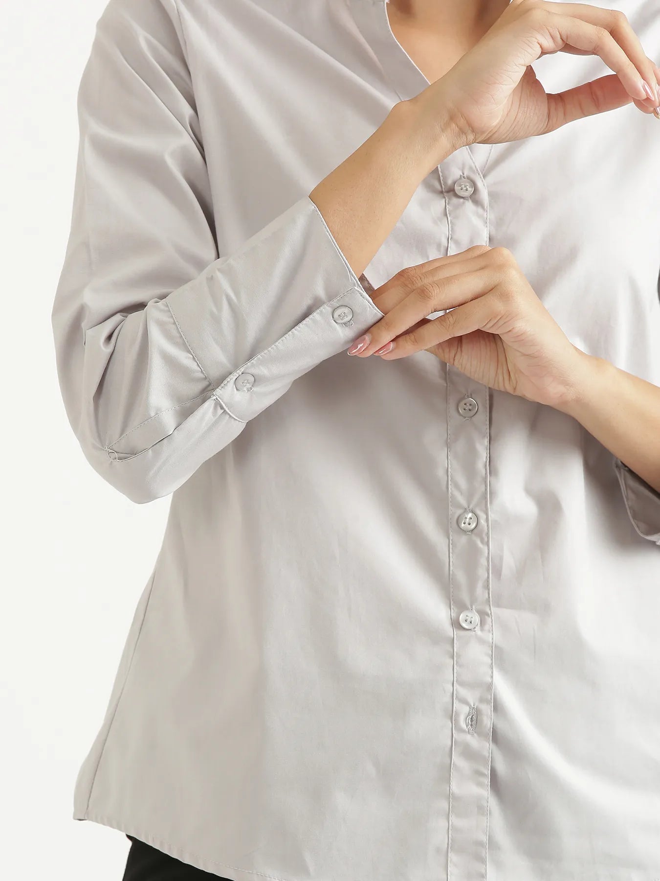 Women Grey Better Cotton Mandarin Collar Shirt