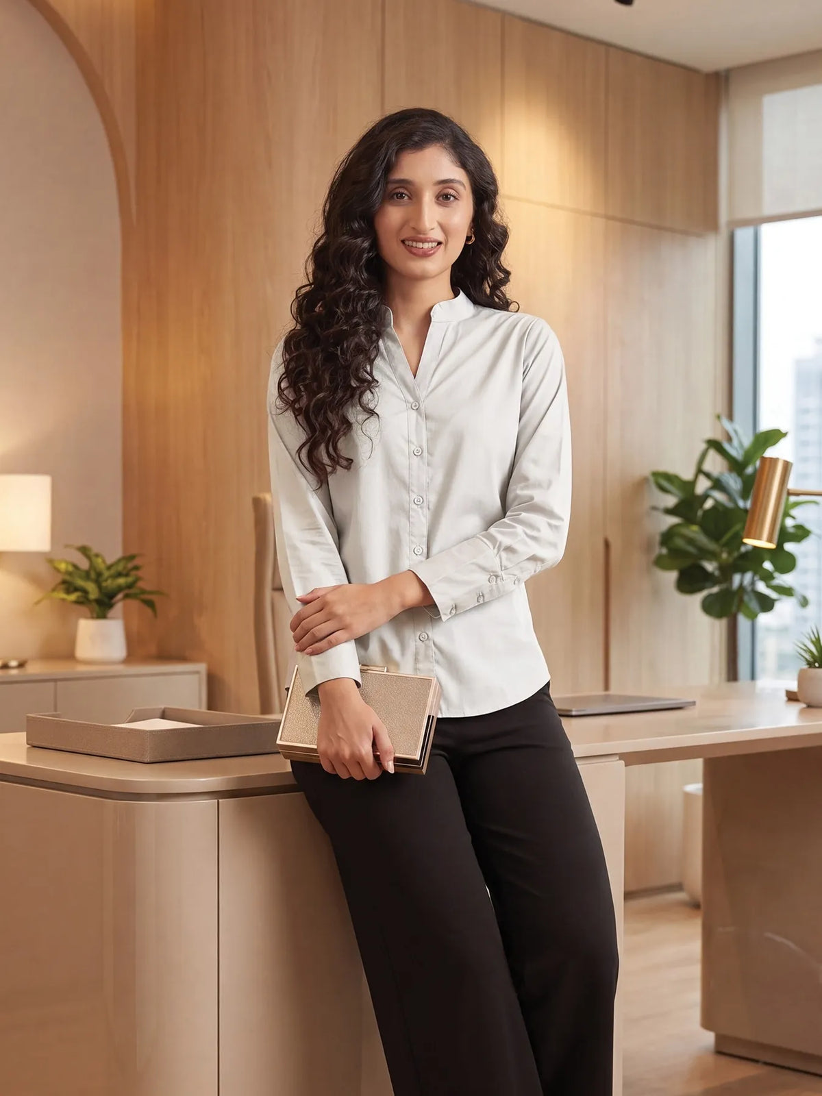 Women Grey Better Cotton Mandarin Collar Shirt