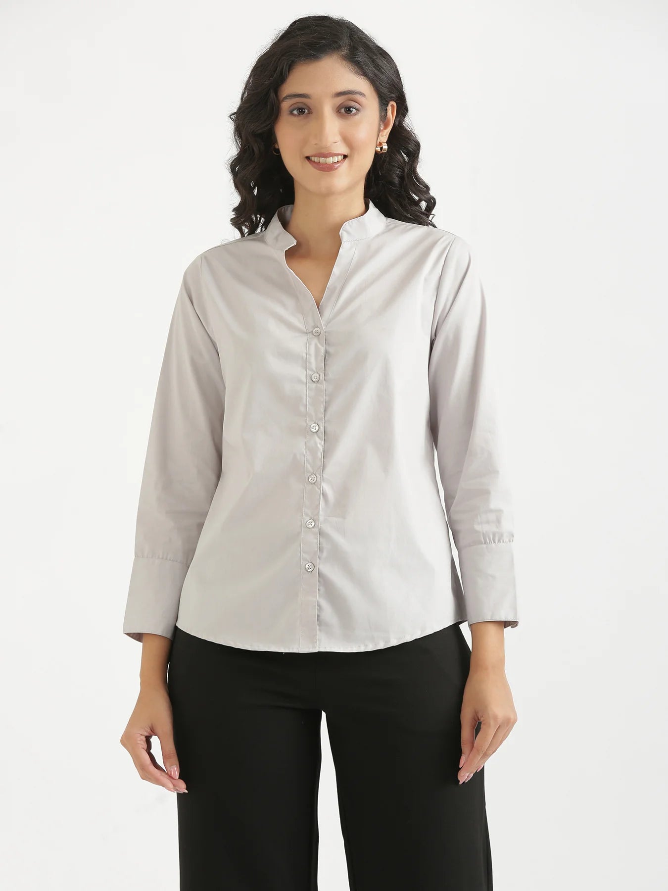Women Grey Better Cotton Mandarin Collar Shirt