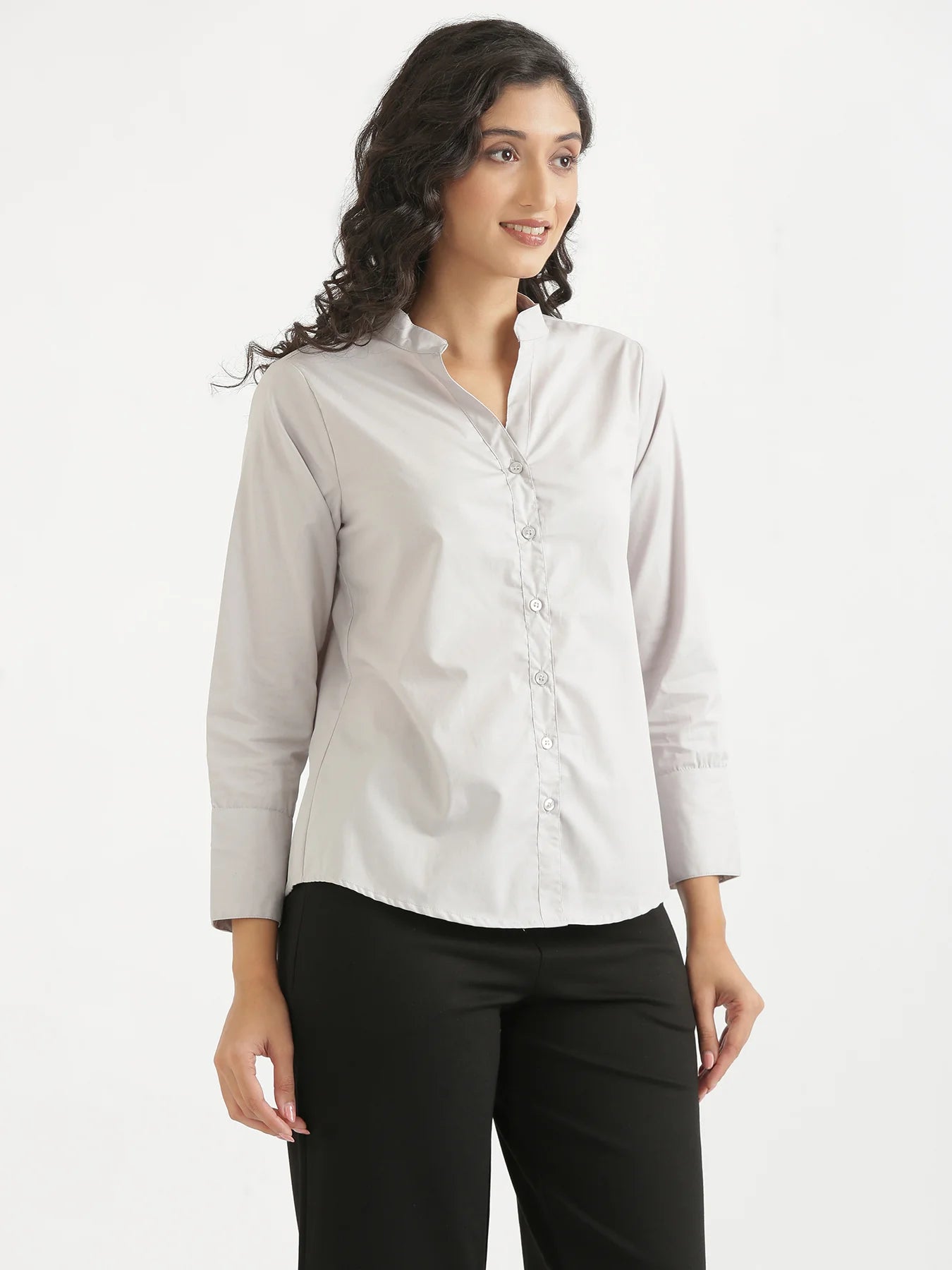Women Grey Better Cotton Mandarin Collar Shirt