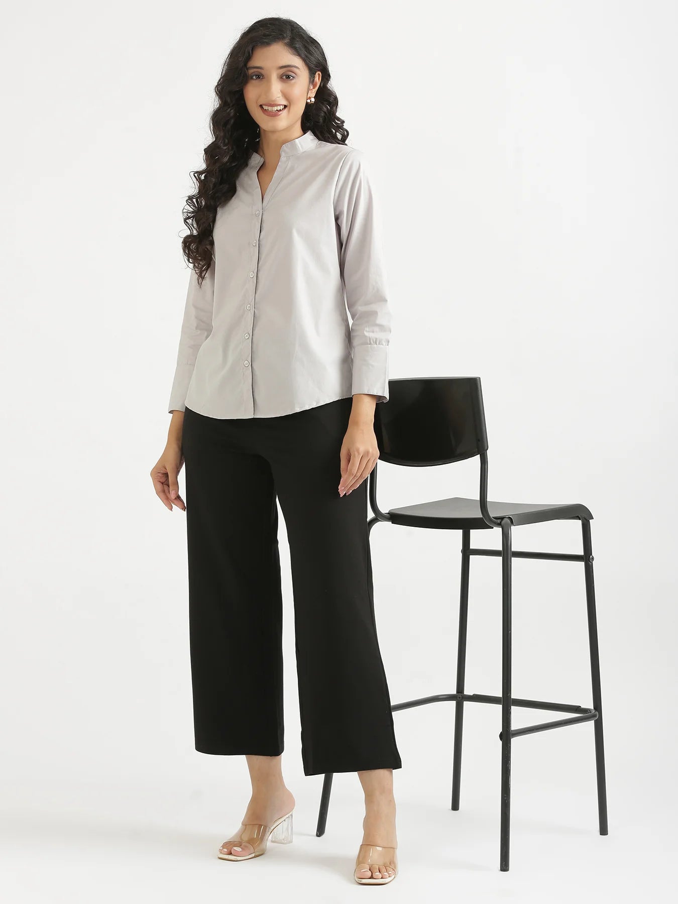 Women Grey Better Cotton Mandarin Collar Shirt
