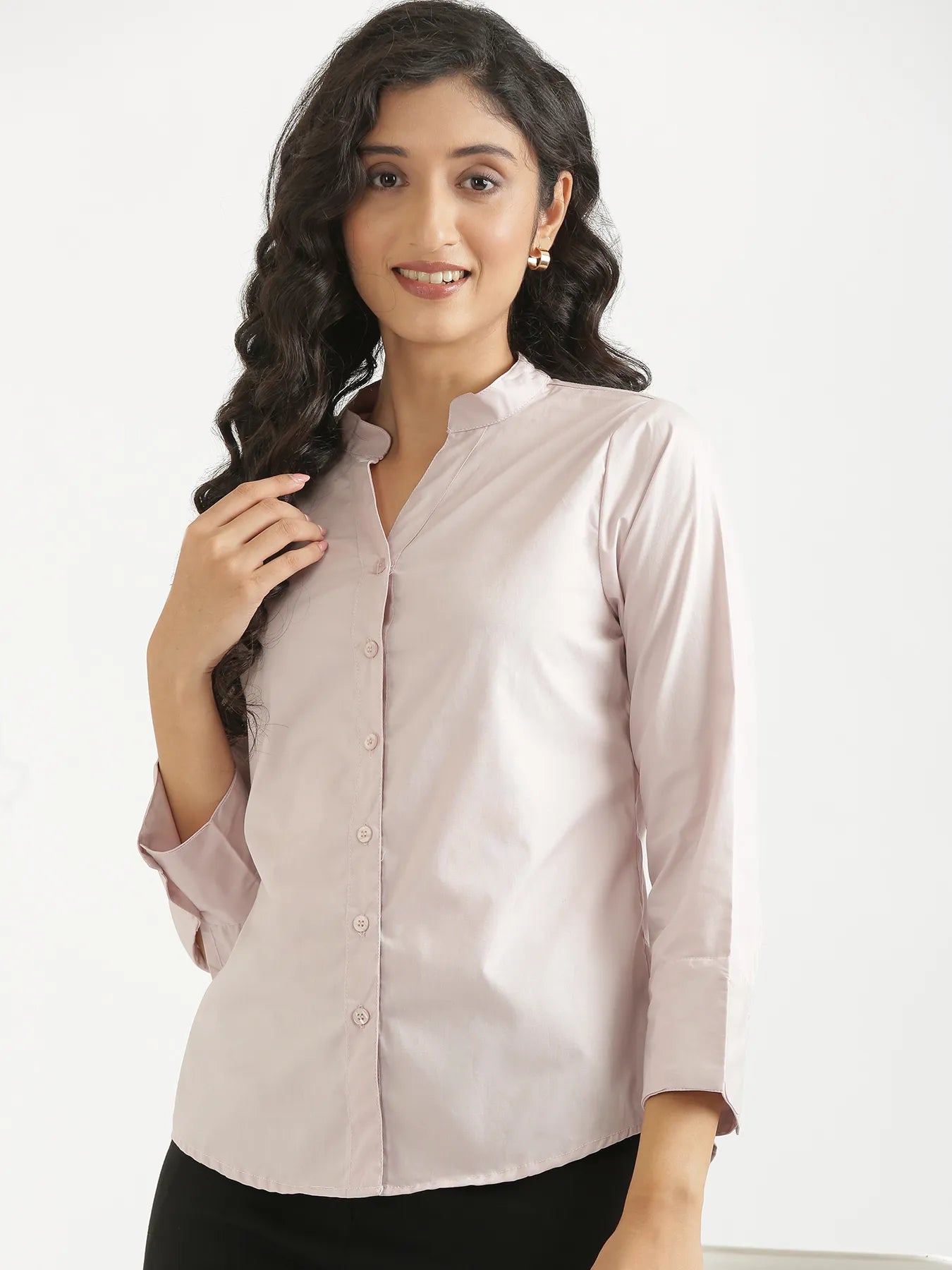 Women Mauve Pink Better Cotton Mandarin Collar Shirt