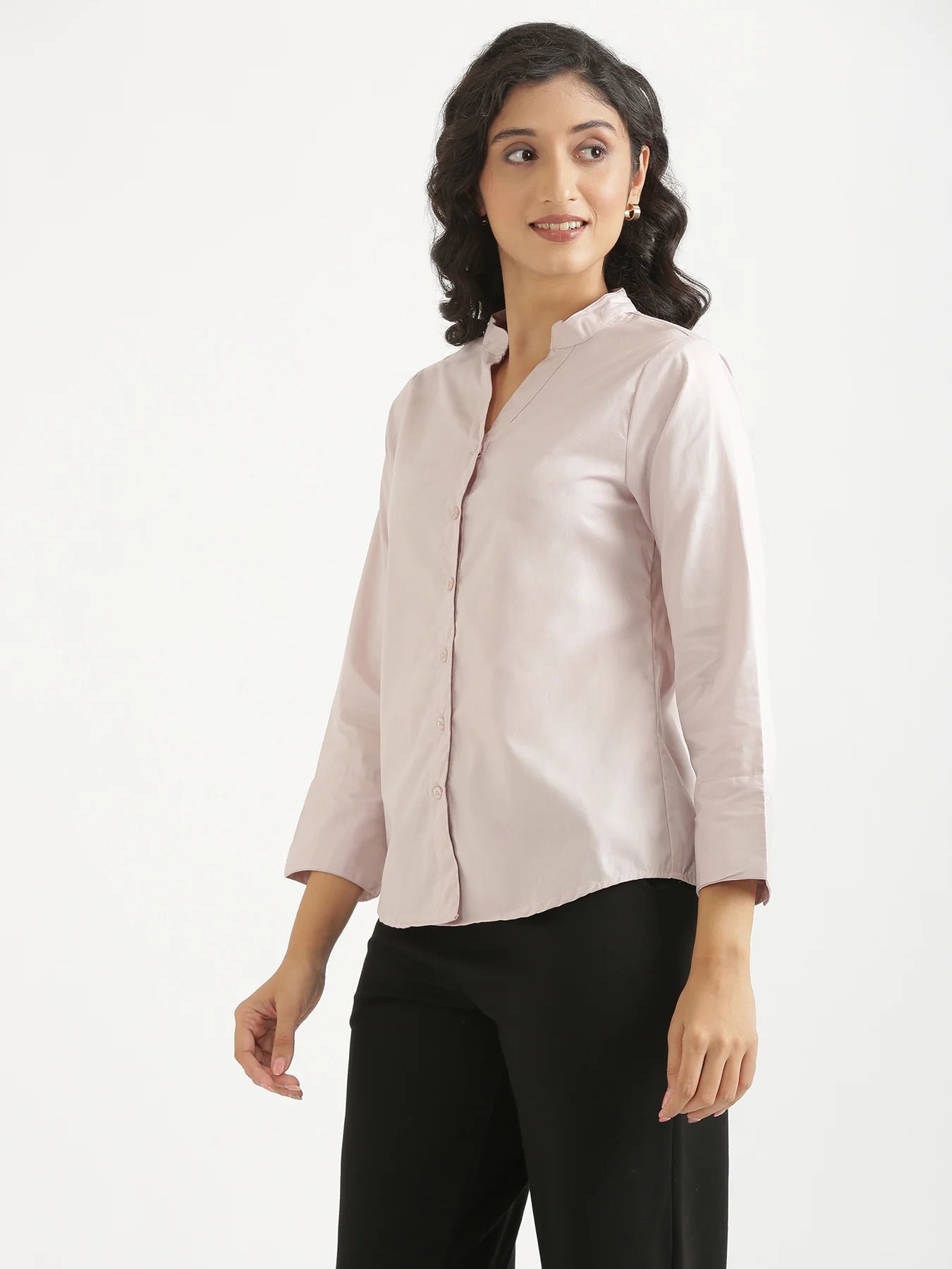 Women Mauve Pink Better Cotton Mandarin Collar Shirt