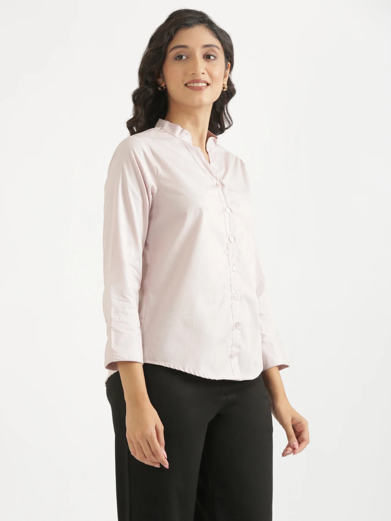 Women Mauve Pink Better Cotton Mandarin Collar Shirt