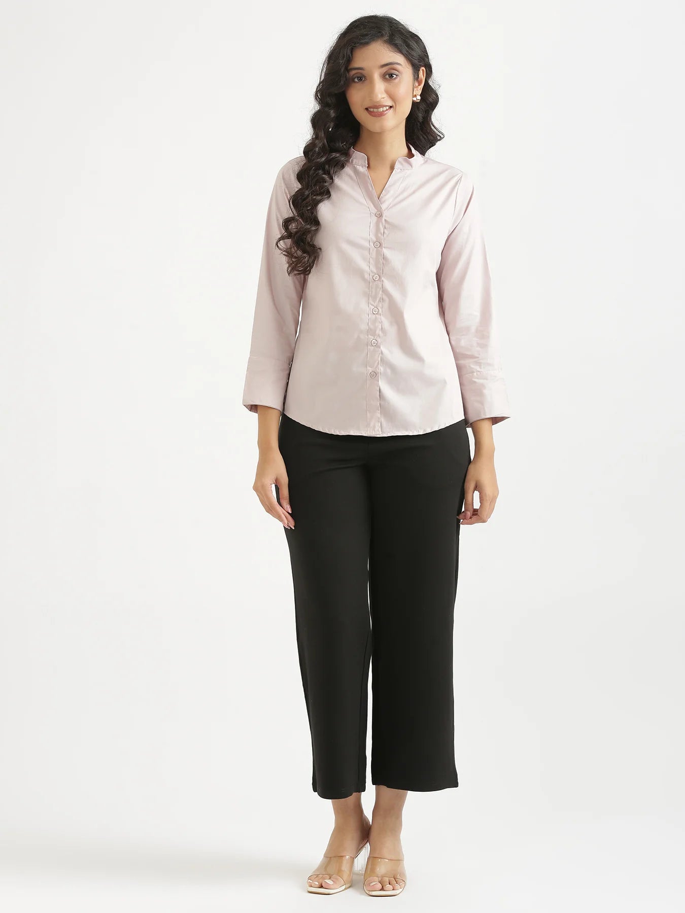 Women Mauve Pink Better Cotton Mandarin Collar Shirt