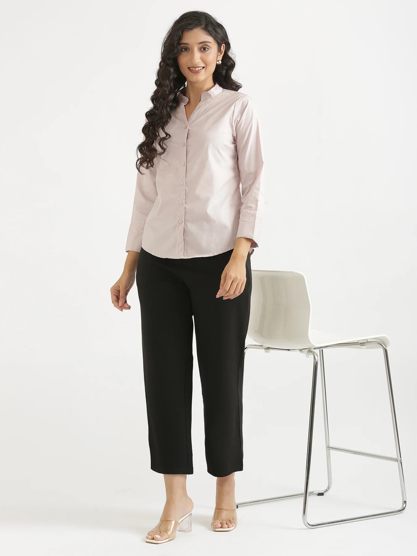 Women Mauve Pink Better Cotton Mandarin Collar Shirt