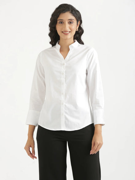 Women White Better Cotton Mandarin Collar Shirt