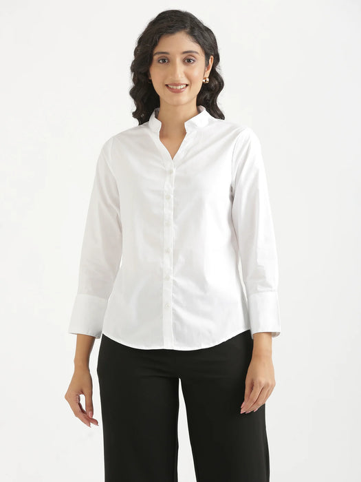 Women White Better Cotton Mandarin Collar Shirt