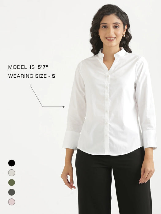 Women White Better Cotton Mandarin Collar Shirt