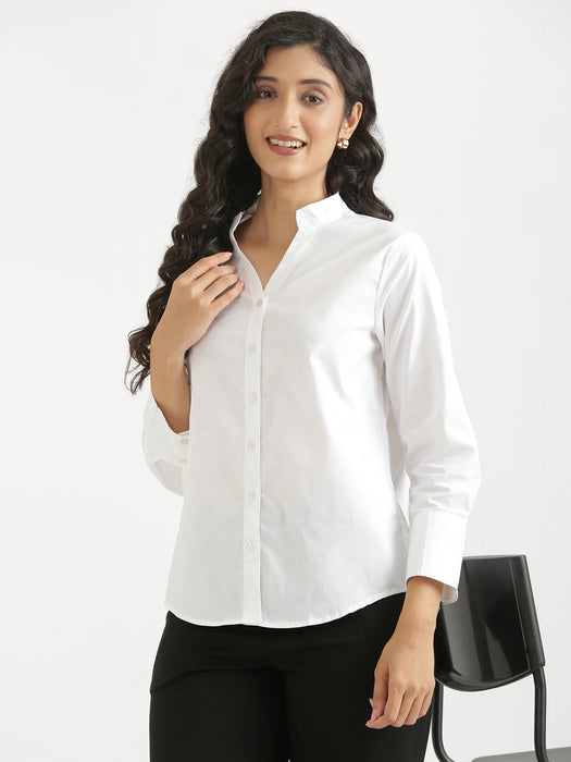 Women White Better Cotton Mandarin Collar Shirt
