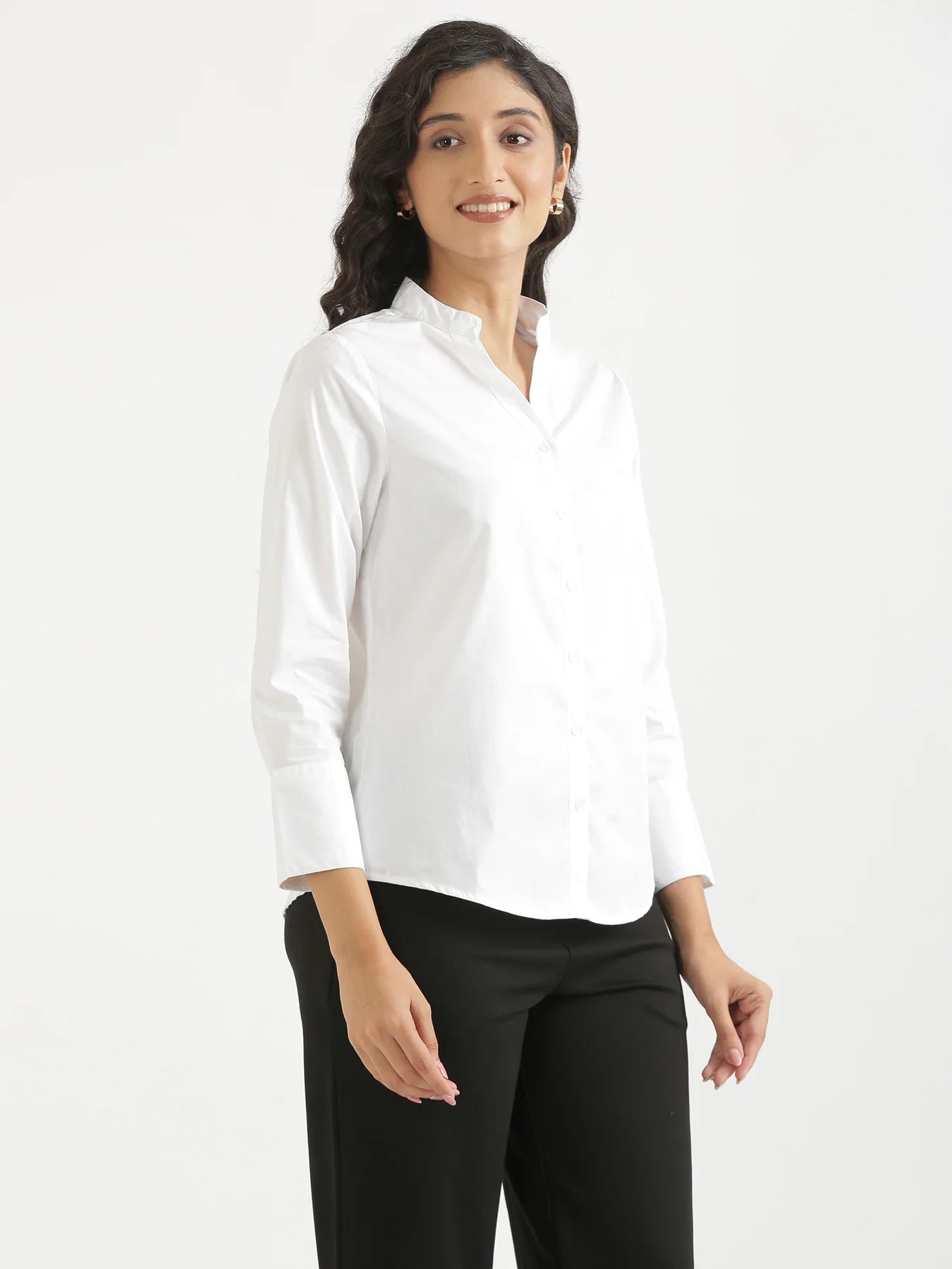 Women White Better Cotton Mandarin Collar Shirt