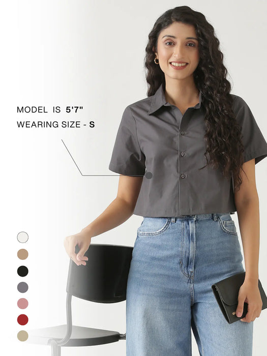 Women Dark Grey Better Cotton Crop Shirt