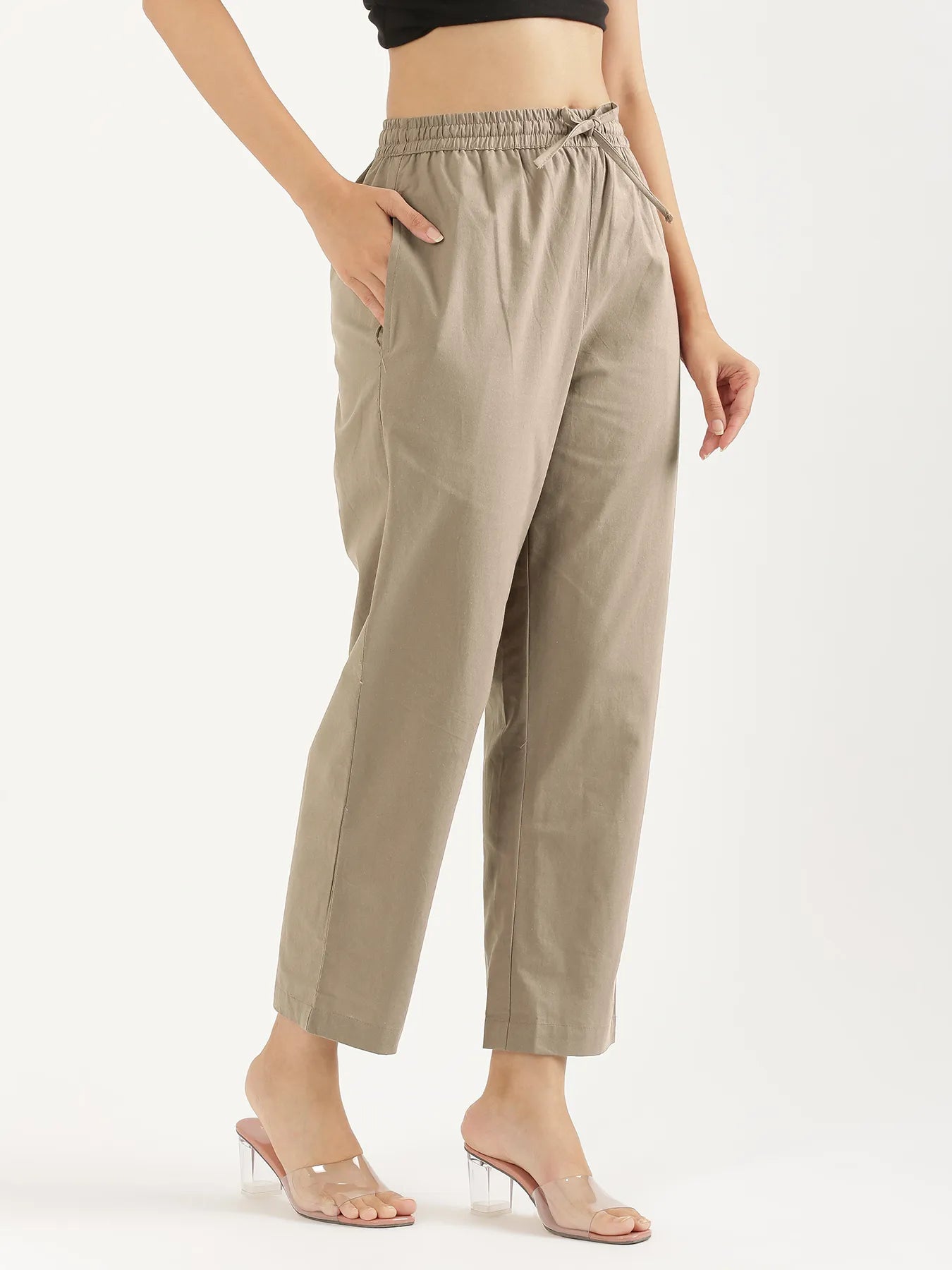 Women Khakhi Cotton Straight Pant