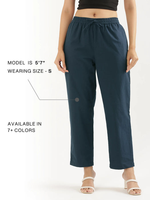 Women Peacock Blue Cotton Straight Pant