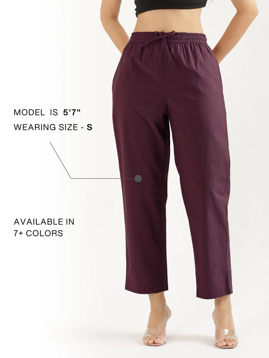Women Wine Cotton Straight Pant